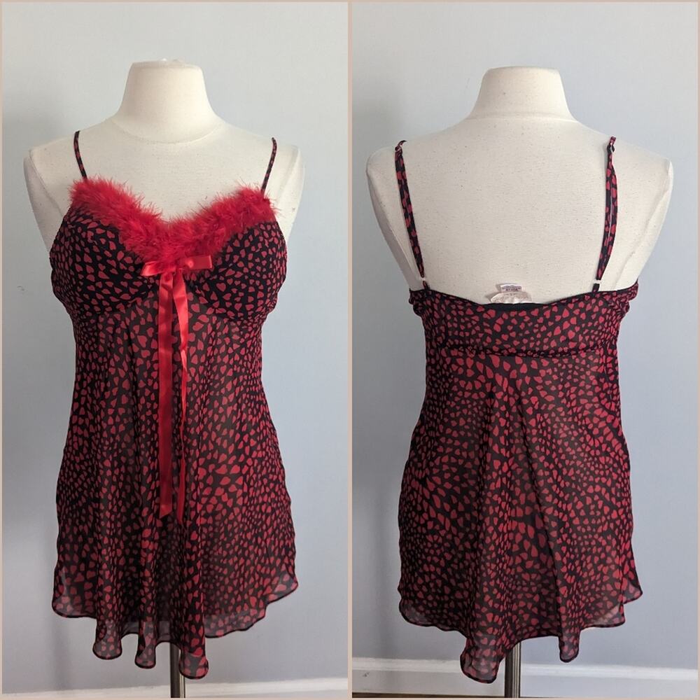 Vintage Women's Inner Most Feather Red Boa and Hearts Slip Pajama Medium 90s - Picture 1 of 7